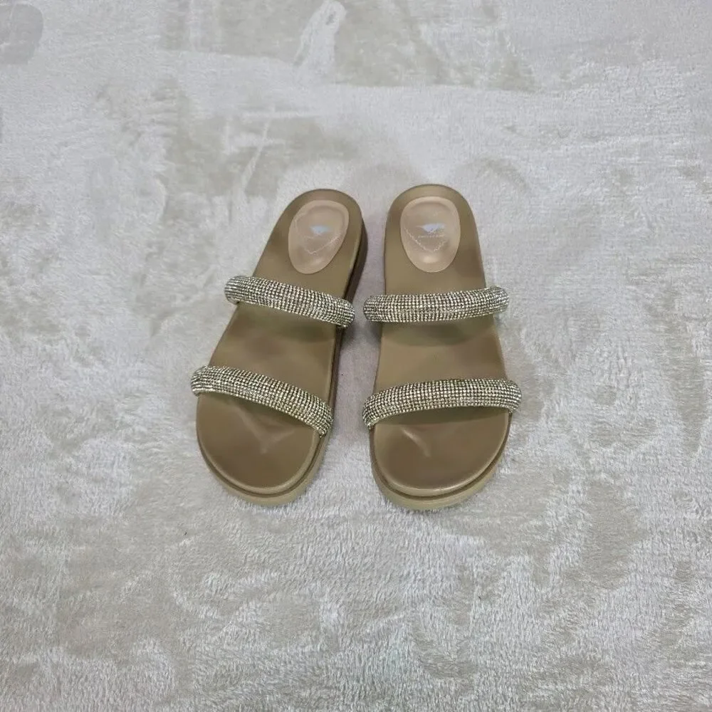 Rocket Dog Sparkle Women's Sandal Size 6M Beige Rhinestone Straps Wedge Slip On - Picture 2 of 6